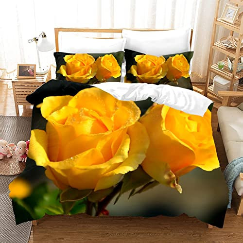 LUYAPOND Yellow Rose Bedding Double Bed Set, Luxury Soft Microfiber Bedding Set for Kids Teens Adult, 1 Quilt Cover 200x200 cm with Zipper and 2 Pillowcases 50x75 cm