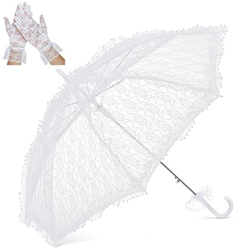 Amylove Lace Parasol Umbrella Set for Wedding Tea Party Decoration, White