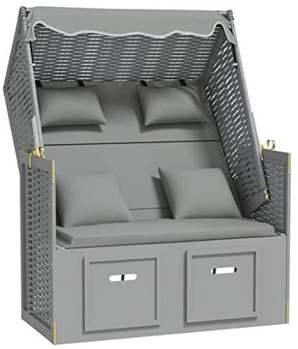 vidaXL Strandkorb mit Kissen Gartenliege Volllieger Sonnenliege Sonneninsel Strandliege Zweisitzer Liege Strand Poly Rattan Massivholz Grau