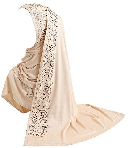 JDYaoYing Muslimischer Hijab-Schal für Damen, glänzend, mit Strasssteinen, langer Turban, Kopftuch, Wickelschal, Kopfbedeckung, beige, One size