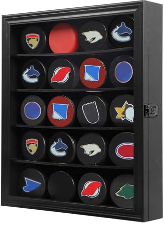 Mstrse Hockey Puck Vitrine - Halter Wandhalterung Schrank Ständer - Shadow Box mit Echtglas für Sammlung, Groß Schwarz