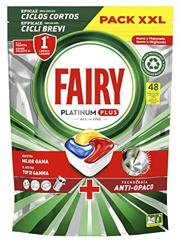 Fairy, Platinum Plus Todo en Uno Pastillas Lavavajillas, 48 cápsulas Lavavajillas, Limpieza Profunda y Extra Brillo, Fragancia limón