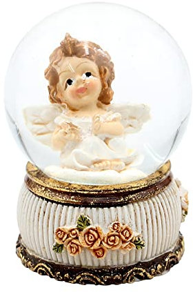 Dekohelden24 Schneekugel/Schüttelkugel sitzender Engel mit Stern in der Hand, antiker Sockel mit Rosen, Größe L/B/H ca. 6 x 4,5 x 6 cm