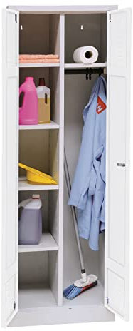 Schrank & Stuhl Mehrzweckschrank | Besenschrank mit Durchgehender Trennwand, Hakenleiste und 7 Fächern 180x60x50, Drehriegelverschluss, komplett montiert, Grau/Weiß