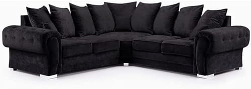 Black Corner Sofa - Suede Fabric Suite - Living Room Corner Couch - Cheap Couch With Scatter Back - Modern Sofa Settee - 003
