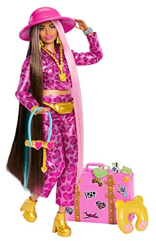 Barbie Extra Fly - Safari-Reise-Puppe mit pinkem Outfit und Zubehör, beweglicher Körper, 15 Accessoires inklusive Koffer, Pass und Fernglas, für Kinder ab 3 Jahren, HPT48