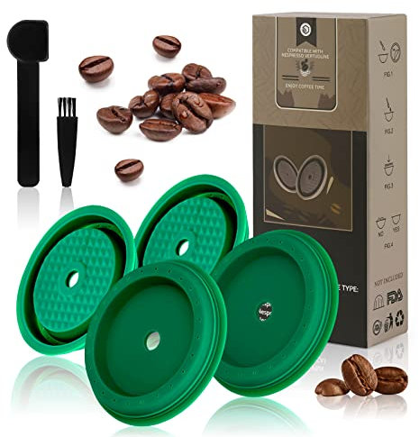 Reusable Coffee Capsule Lid, Compatible with Nespresso Vertuo Pods and VertuoLine Capsules, Coffee Filter Refillable, Food Grade Silicone with Spoon and Brush - Pack of 4 (Green)