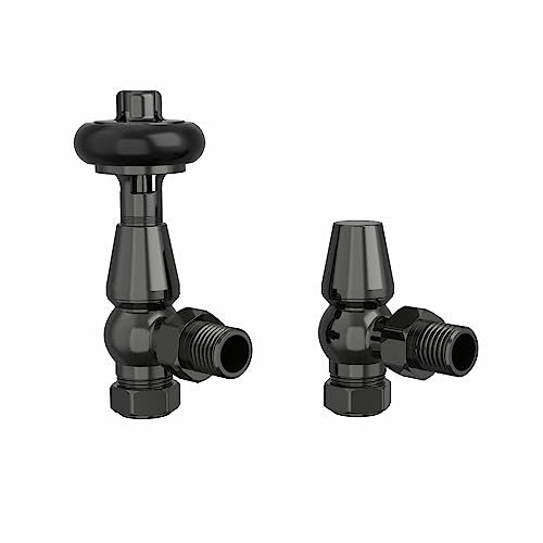 NRG Traditional Antique Angled Central Heating Radiator Valve 15mm Thermostatic + Lockshield Valve Black Nickel with Black Hand Wheel