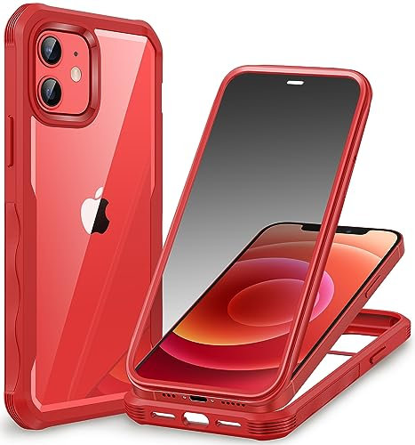 CENHUFO Sichtschutz Hülle für iPhone 12/iPhone 12 Pro, 360 Grad Handyhülle Schutzhülle mit Eingebautem Privacy Panzerglas Displayschutz Stoßfest Panzerhülle Anti Spy Full Cover Outdoor Case - Rot