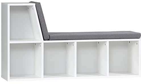 HOMCOM Bibliothèque Banc 2 en 1 avec 5 Compartiments de Rangement et 2 Coussins étagère de Rangement Livres 108 x 30 x 60 cm Blanc Gris