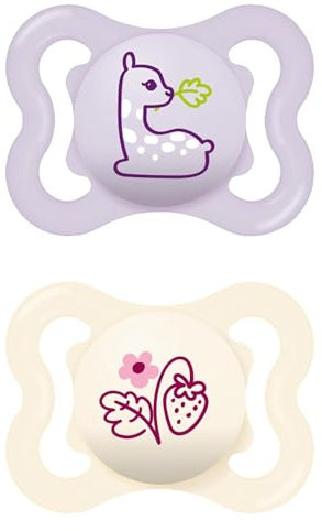 MAM Air Silikon Schnuller im 2er-Set, extra leichtes und luftiges Schilddesign, zahnfreundlicher Baby Schnuller aus speziellem MAM SkinSoft Silikon mit Schnullerbox, 0-6 Monate, Lama/Erdbeere