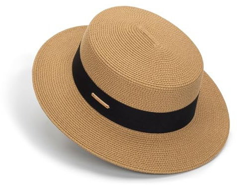 Womens Straw Sun Hat Flat-Top Summer-Wide-Brim Boater Hat Foldable Fedora-Panama Beach-Cap with Band