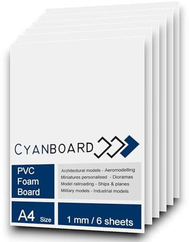 Cyanboard, 6 placas de PVC expandido 1mm A4 (297 X 210mm) blanco mate, PVC espumado.