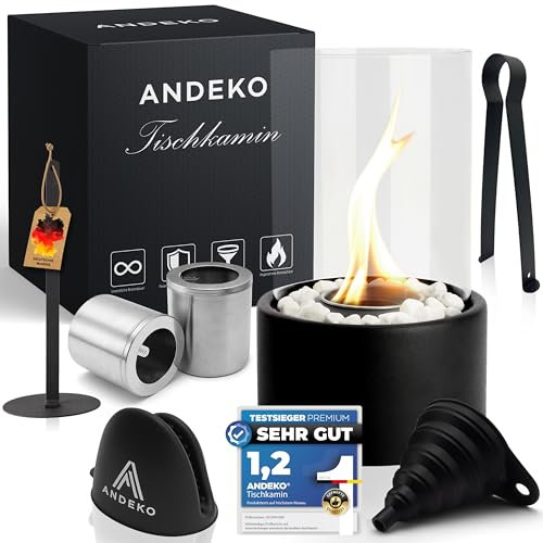 ANDEKO Premium Bioethanol Tischkamin - Tischfeuer 3h Brenndauer - Ethanol Kamin inkl. Dekosteine und 2X große Brennkammern - Hohes Sicherheitsglas - Regulierbare Flamme - Tischkamin Outdoor & Indoor