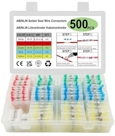 ABINLIN 500 Stk Lötverbinder Schrumpfverbinder Kabelverbinder Wasserdicht Set - Stoßverbinder 0.25-6.0mm2, Transparent Quetschverbinder Set für KFZ, Marine, Boot