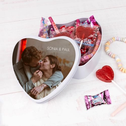 Wanapix | Caja de Chucherías Personalizada con Foto y Texto | Surtido de Golosinas Incluido | Regalo Original San Valentín | Corazón - 16x15x5 cm (800 ml)
