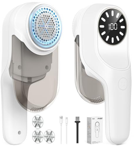 PKBD Levapelucchi Elettrico Ricaricabile con 3 Lame Extra, Testa a 6 Lame e Display a LED, Rimuove i Pelucchi per 2 Livelli di Potenza Regolabili- Rimuove facilmente Pelucchi per vari Tessuti, Bianco
