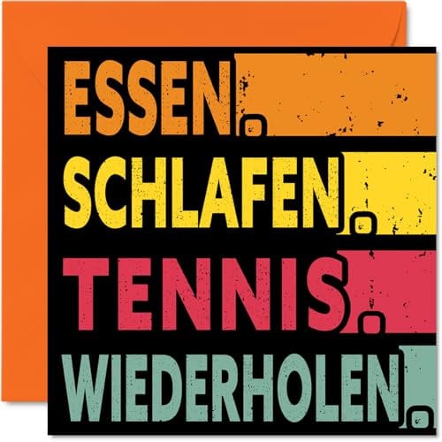 Lustige Geburtstagskarte – ESSEN, SCHLAFEN, TENNIS, WIEDERHOLEN – Karten für Sie oder Ihn, 145 mm x 145 mm große Geburtstagsgrußkarten für alle Anlässe, Geburtstagskarten für Frauen und Erwachsene