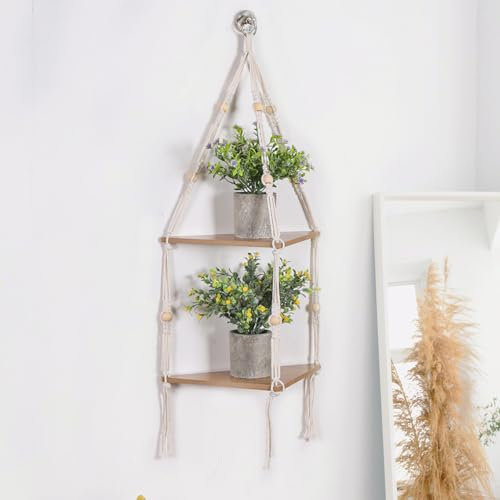 2 Tier Hanging Corner Wall Shelf with Rope Wood Floating Shelves Rustic Boho Plant Holder Farmhouse Storage Organizer Rack Home Decor for Plants Pots Photo Frames