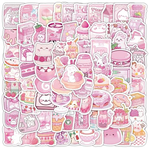 Cute Snack Stickers Pink Food Drink Kawaii Small Beverage Decorative Masking Stickers for Personalize Laptop Scrapbook Daily Planner, 100pcs, 1-2 Inches