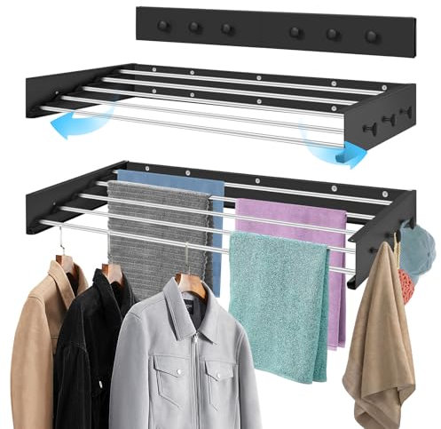 Joyoleder Wäscheständer Wandmontage,100 cm wäschetrockner Wand platzsparend ausziehbar mit 6 Handtuchhaken,Wand Wäschetrockner für drinnen oder draußen,Balkon, Terasse（Schwarz）