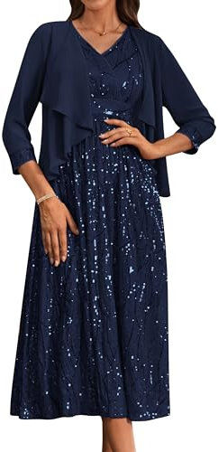 Damen A-Line Maxi Hochzeitkleid V-Ausschnitt Rüschensaum Cocktailkleid Elegant Vintage Pailletten Partykleid mit Leicht Chiffon Strickjacke Dunkelblau 46