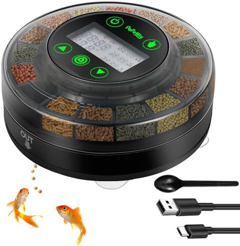 Papettly Automatic Fish Feeder for Aquarium - Rechargable Auto Food Dispenser for Tank with USB Cable & LCD Display, Timer Turtle Feeder for Weekend Holiday with Feeder Spoon