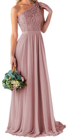 YIANN Damen One Shoulder Brautjungfernkleider Lang für Hochzeit mit Taschen Spitze Mieder A Linie Chiffon Formelles Partykleid, Dusty Rose, 36