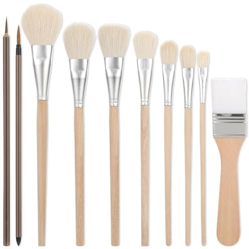 10 Pcs Pottery Glaze Tools Brushes Ceramic Brushes Goat Hair Blend Mop Brush Set Watercolor Wool Paintbrush Sets for Students Adults Kids