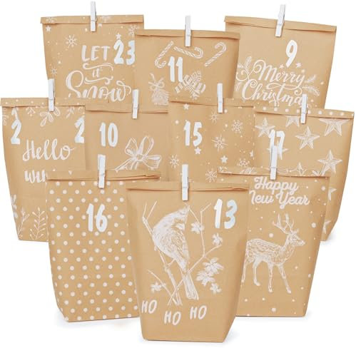 Adventskalender tüten zum Befüllen - 24 bedruckte Geschenktüten mit Zahlenaufkleber und Klammern - Papier Adventstüten - zum Basteln und Verschenken - Weihnachten