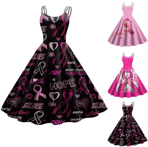NaLatia Cancer du Sein Octobre Rose Robe Vintage Femme Retro Rockabilly Pin Up Élégante Robes sans Manche Trapèze Mariage Cocktail Soirée Fête Cérémonie Décontractée au Genou Midi Pas Cher