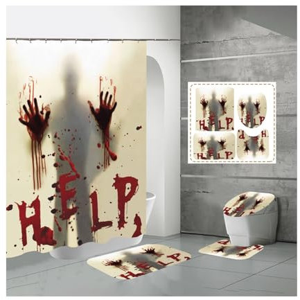CHDGSJ Set di 4 Tende da Doccia di Halloween, Tenda da Doccia Horror con tappeti, copriwater, Tessuto in Poliestere, Impronte di Mani insanguinate, casa stregata(C,W180xL200cm)