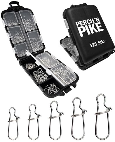 PERCH`N PIKE Snaps im Set inkl. Box, Duo-Lock Snap, 11-33kg, 125 Snaps zum Spinnfischen I Snaps für Hecht, Barsch, Zander und Forelle, Angel Wirbel Set I Snap Angelzubehör I Karabiner