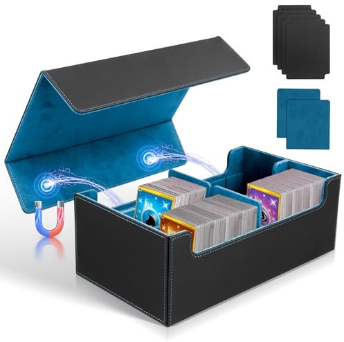 LIFEJXWEN Sammelkarten-Aufbewahrungsbox, Commander-Kartenbox, PU-Lederetui, Aufbewahrungsbox mit 4 Trennwänden + 2 Kartenhaltern, magnetische Kartenbox für MTG TCG Magic Spielkarten (Blau)