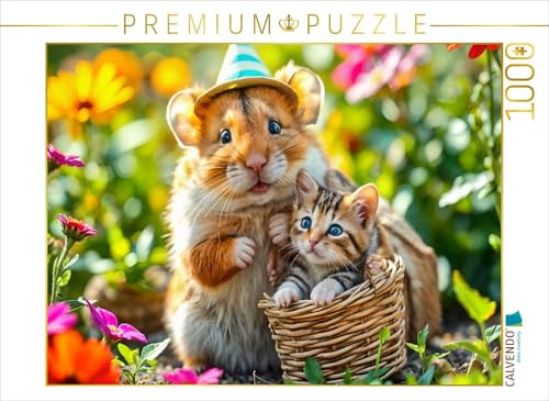 CALVENDO Puzzle Hamster mit seinem Kätzchen im Garten | 1000 Teile Lege-Größe 64 x 48 cm Foto-Puzzle für glückliche Stunden