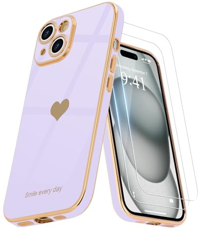 Teageo für iPhone 15 Hülle+2 Schutzfolie Herzmuster, Violett | Mädchen Stilvoll Galvanisierte Schutzhülle Weich TPU Phone Case