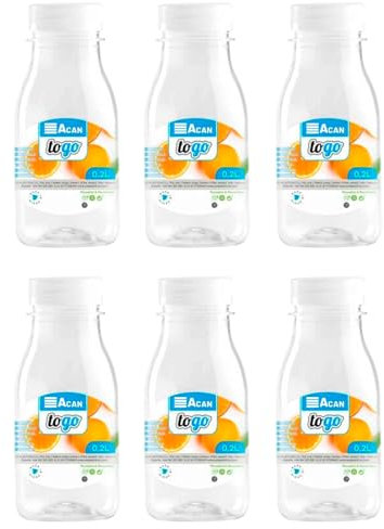 Acan Tradineur - Pack de 6 botellas de plástico con tapón de rosca, reutilizables y reciclables, agua, leche, batidos, zumos, refrescos, frigorífico, fabricadas en España (200 ml - 13 x 5,5 cm)