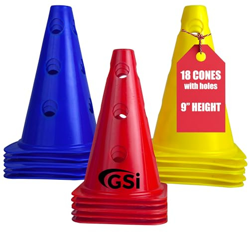 GSi 9-Inch Cones with Holes for Hurdle & Agility Training | Creates Training Hurdles, Stable in Wind, Sturdy Construction, Bright Colors, 18 Cones in 3 Colors