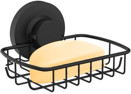 Poywaze Suction Soap Dish, Stainless Steel Soap Basket, No Drilling Chrome Bathroom Soap Holder for Shower, Black Soap Tray with Hooks Design