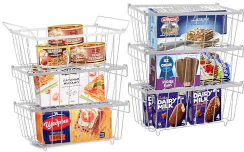 QCXWCJWD Chest Freezer Baskets, 6 Pack Metal Stackable Chest Refrigerator Freezer Organiser with Double Foldable Handles, Easy to Sort and Get Food, Save Space for Home Kitchen Freezer Storage