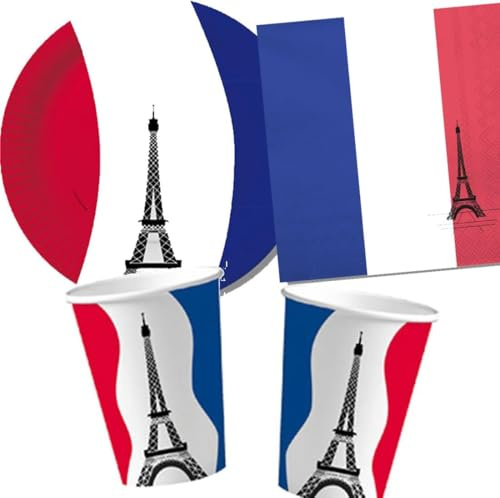 Carpeta 37-TLG. Party-Set * Frankreich * mit Pappteller + Servietten + Pappbecher + Luftballons für französiche Mottoparty | France Deko Partydeko Paris rot weiß blau Eifelturm