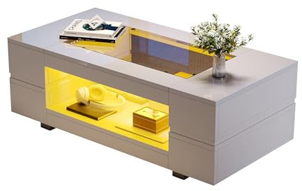 Azkoeesy Table basse 100 x 50 x 35 cm avec éclairage LED et plateau en verre Table basse Table basse Table basse Table de salon pour fête, bureau, salon (blanc)