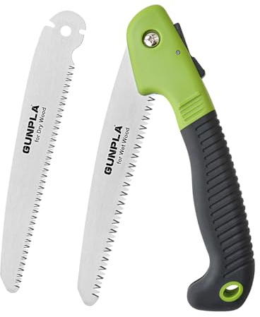 Gunpla Folding Pruning Saw with 2 Blades, 7TPI & 12TPI, Curved Wood Saw with Secure Lock & Non-Slip Handle for Garden Trees, Camping, and Wood Cutting