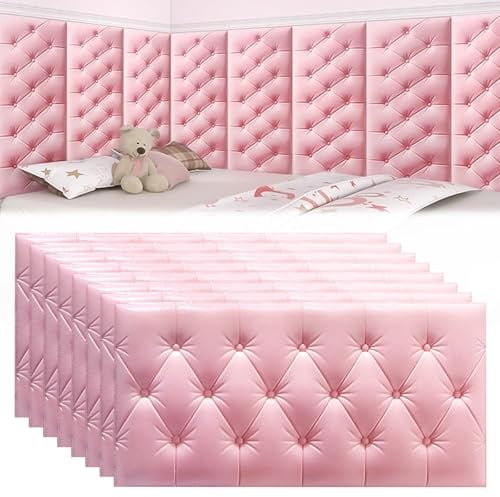 GHIBFBT 3D Anti Collision Wall Padding, 8PCS 11mm Thickness Self Adhesive Nursery Decor Padded Cushions, Decorative PVC Foam Bed Headboard Panels for Kids, Bedroom (Pink)