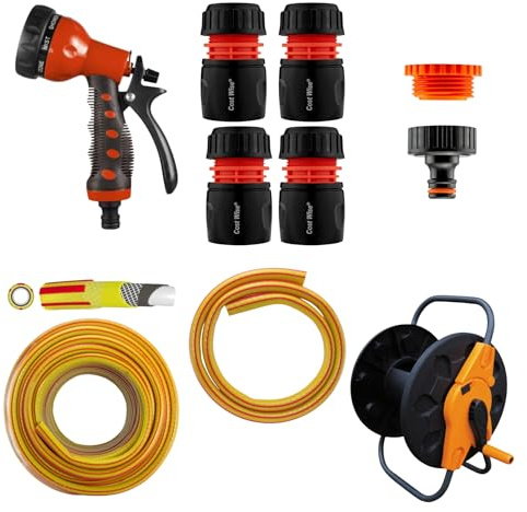 KIT 9 Garden Hose Reel Cart Set with 10m Premium Hose, 8-Pattern Spray Gun, Tap and Hose Connectors