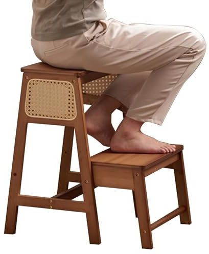 2 Tier Step Stool Kitchen Cupboards, Wooden Folding Stepladder Stools Plant Stand, Foldaway Step Stair Chair Multifunctional Ladder Display Rack Shoe Bench Occasional Table(Rattan woven ladder stool)