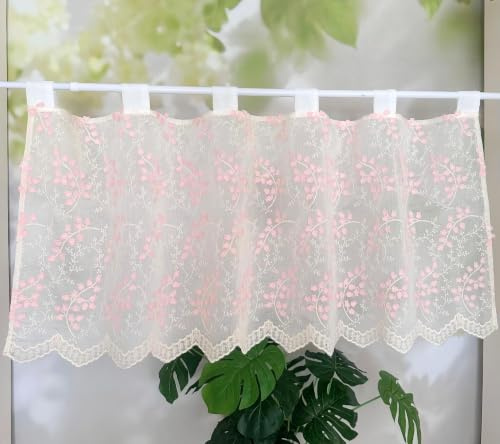 Jeeman Scheibengardine Voile Fenstergardine 1 Stück H45xB60 Rosa | 3D Stickerei lichtdurchlässige Kurz Gardine Landhausstil bestickter Tüllgardine floraler Bistrogardine Schlaufen Wohnmobil