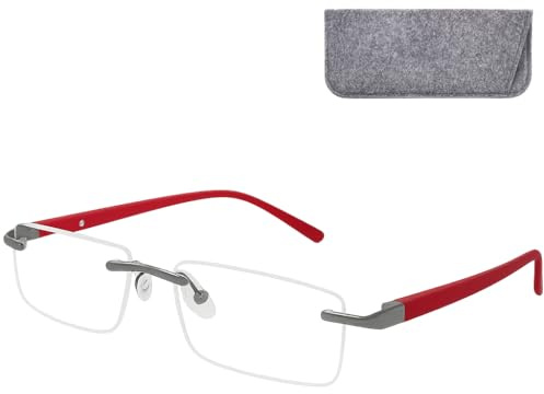 Randlose Blaulichtfilter Brille, rechteckig, Damen & Herren, mit Etui | Bildschirmbrille mit klaren Gläsern, UV-Schutz, schmalem Edelstahlsteg und Nasenpads; minimalistische Unisex-Lesehilfe