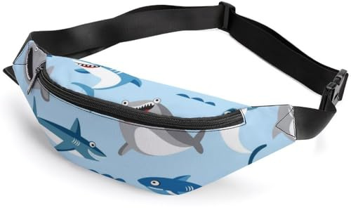 Dgsxynth Hüfttasche, Bauchtasche mit Löwenzahnsamen, verstellbare Bauchtasche zum Laufen, Spazierengehen, Wandern, Niedlicher Cartoon-Hai in Blau, 36*15cm