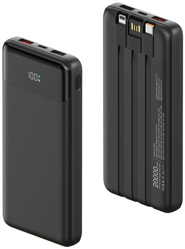 Powerbank 20000 mAh mit Integrierten 3 Kabeln, 22,5 W Schnellladung Power Bank Tragbares Ladegerät PD 3.0 QC 3.0 USB-C EIN- und Ausgang Externe Handyakkus für iPhone, Samsung, und mehr